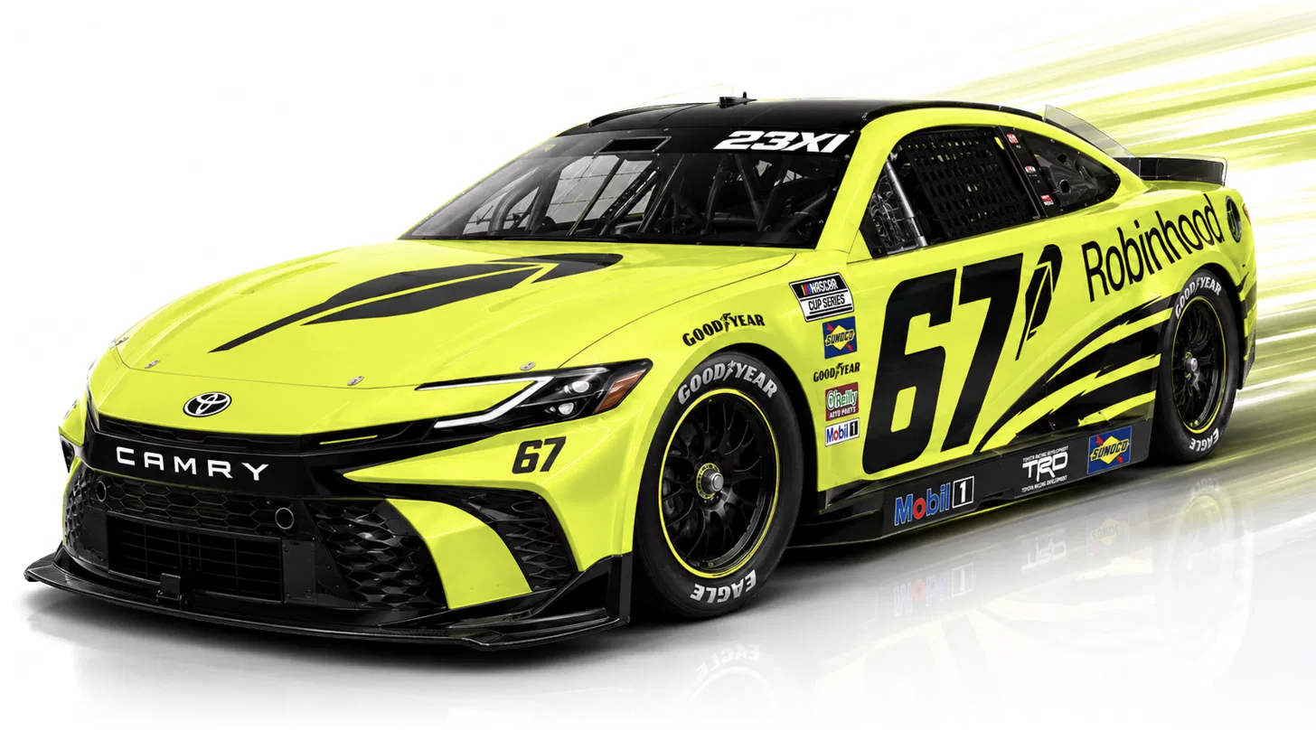 Highlighter-green number 67 Robinhood stock car racing forward