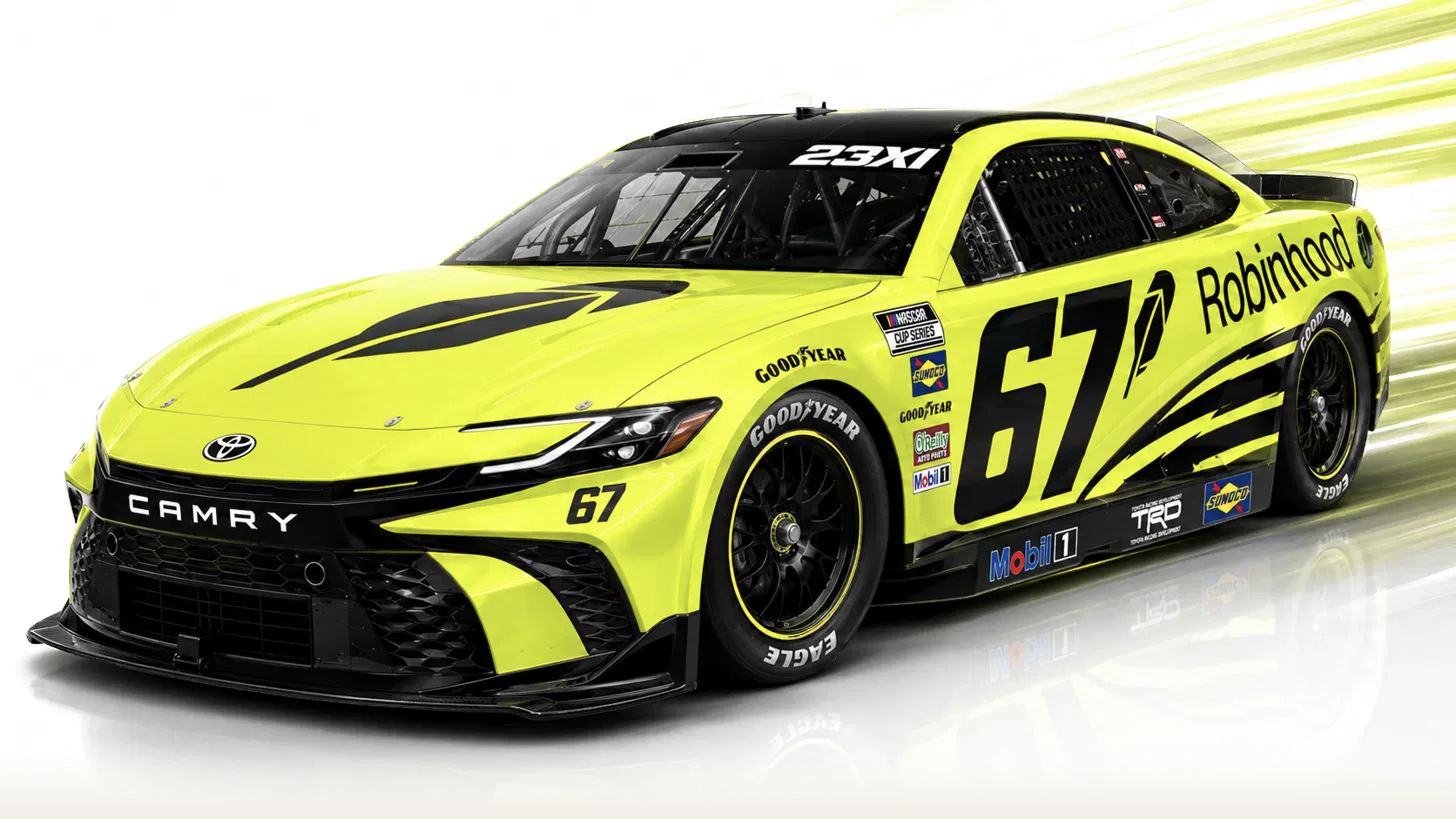 Highlighter-green number 67 Robinhood stock car racing forward